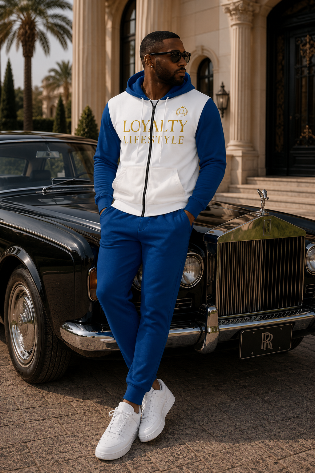 Loyalty Lifestyle Zip Hoodie – White/Blue & Gold Statement Jacket