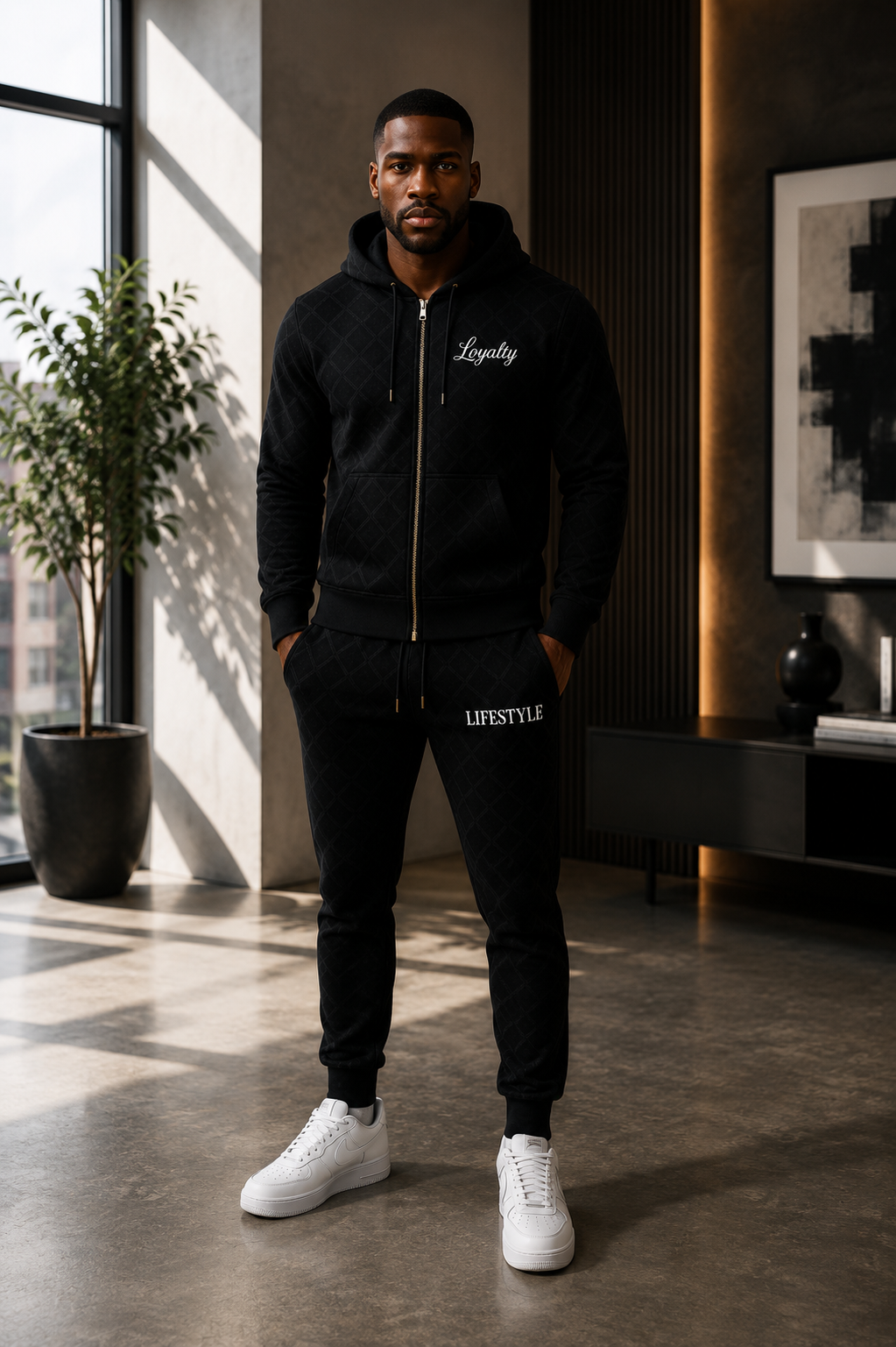 Loyalty Lifestyle Men’s Premium Diamond-Pattern Tracksuit (Black)