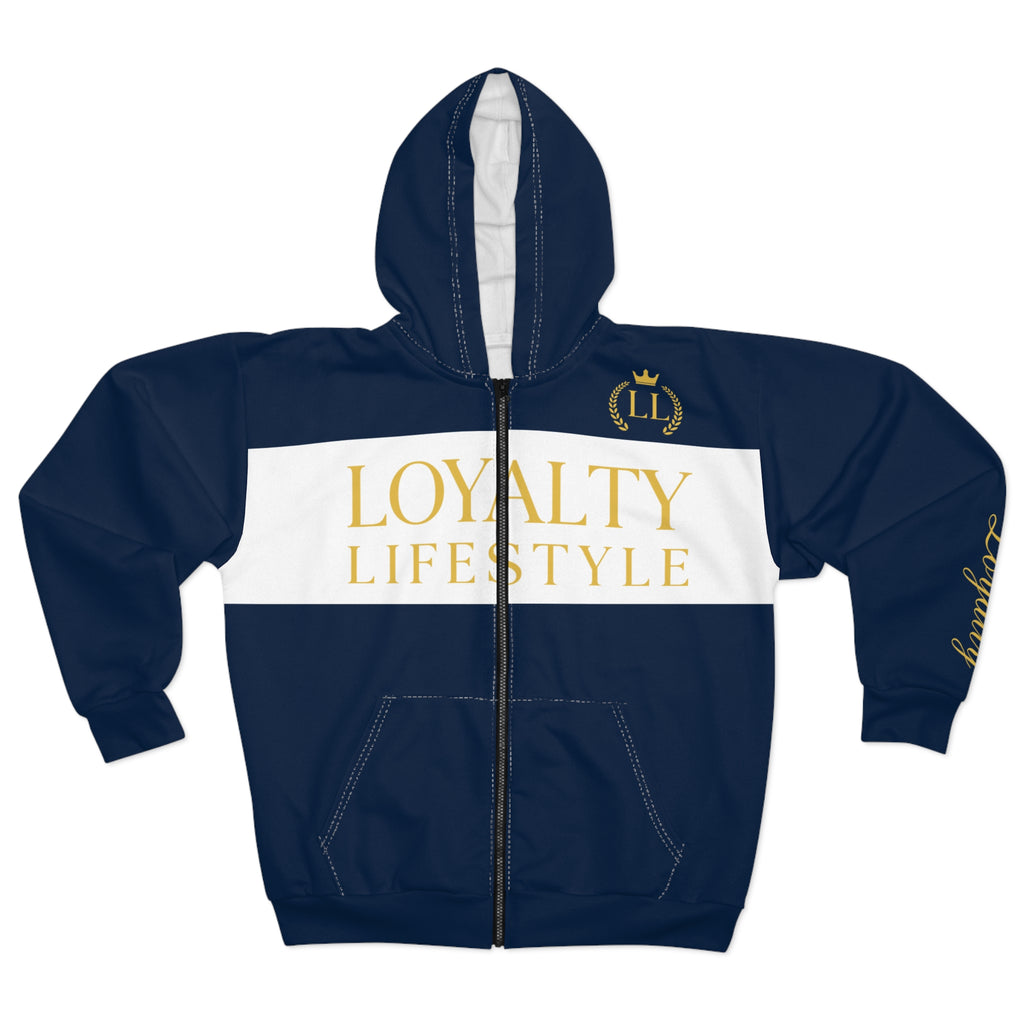 Loyalty Lifestyle Zip Hoodie – Navy & Gold Statement Jacket