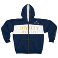 Loyalty Lifestyle Zip Hoodie – Navy & Gold Statement Jacket