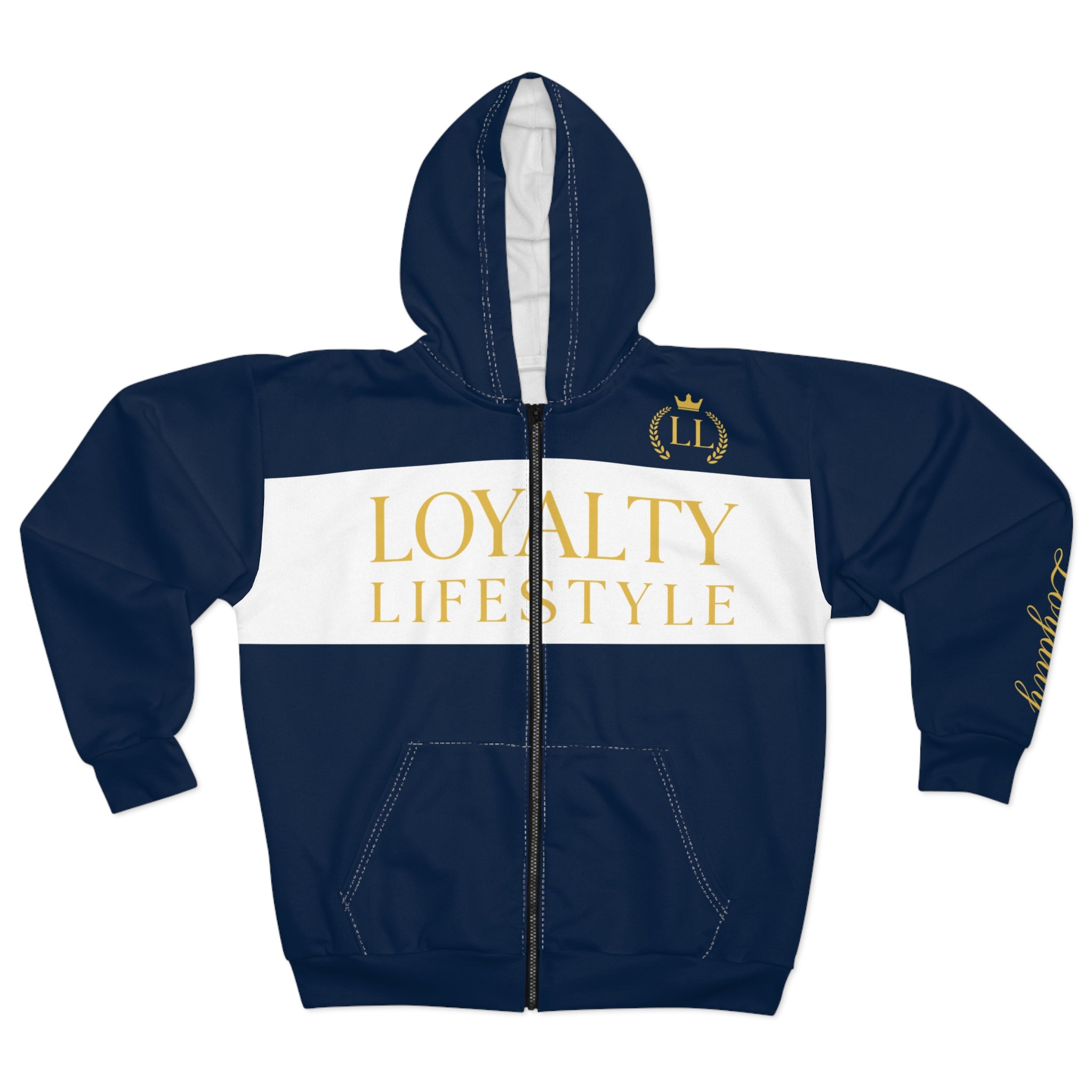 Loyalty Lifestyle Zip Hoodie – Navy & Gold Statement Jacket