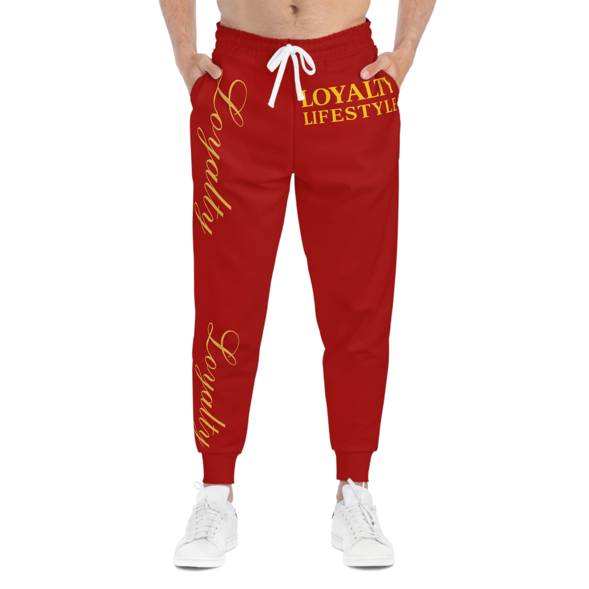 Loyalty Lifestyle Red Joggers — Athletic Sweatpants with Gold "Loyalty" Script