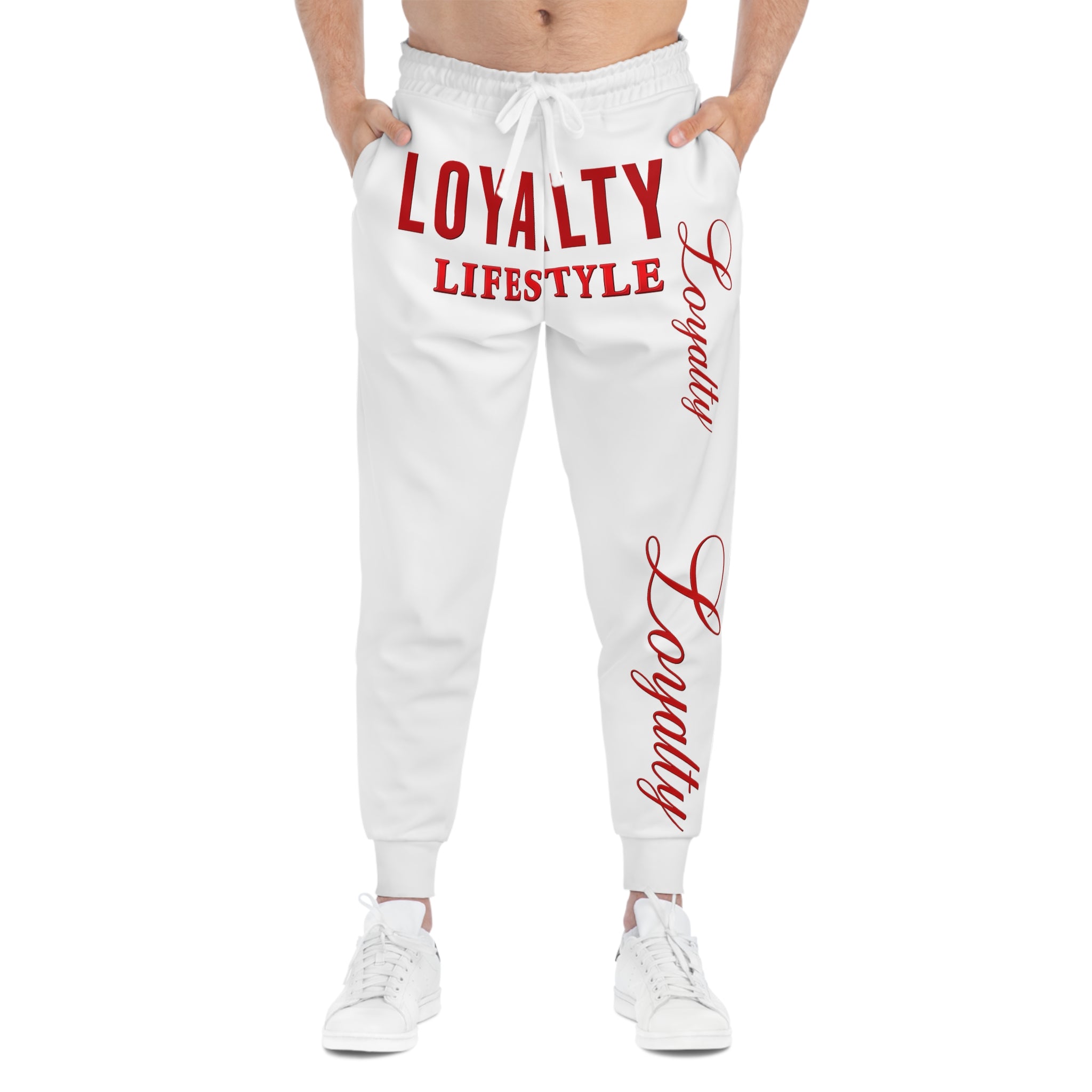 Loyalty Lifestyle Joggers — White Athletic Sweatpants with Red "Loyalty" Script
