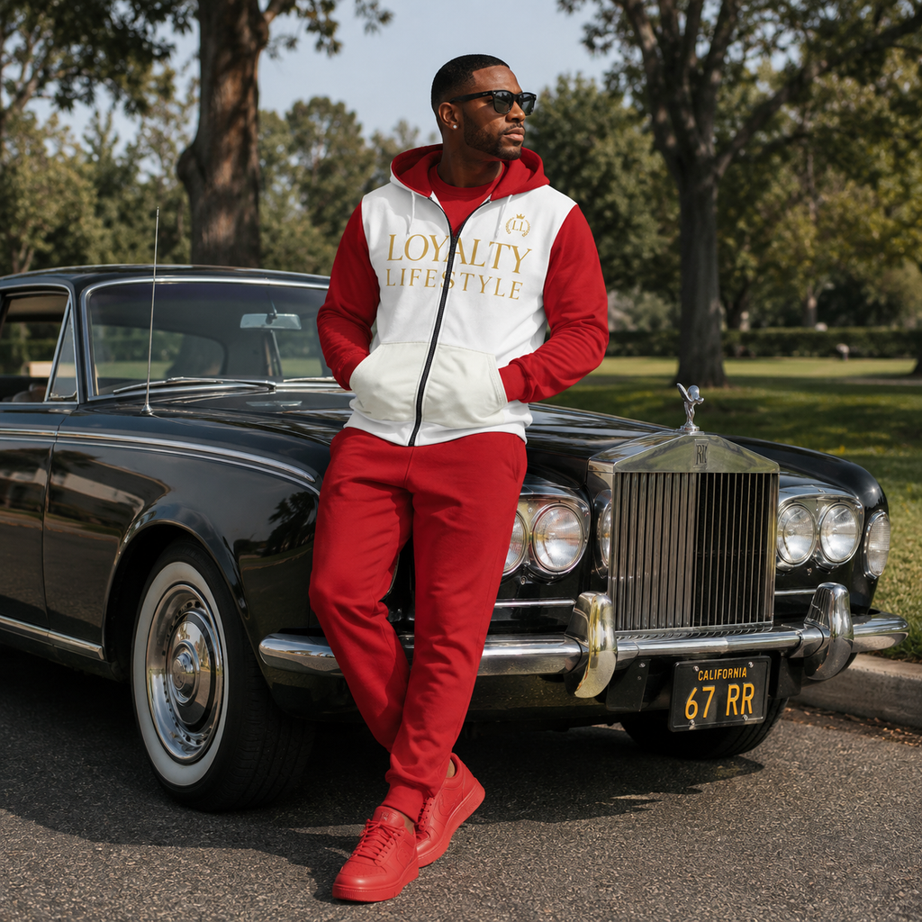 Loyalty Lifestyle Zip Hoodie – White/Red & Gold Statement Jacket