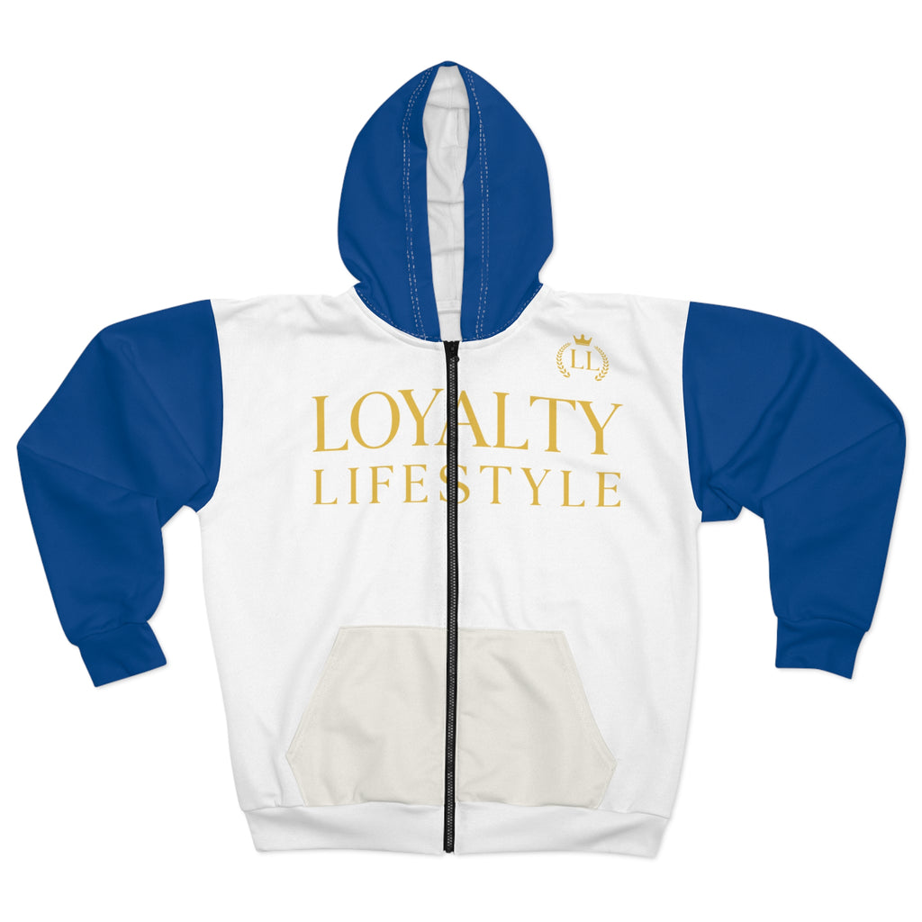 Loyalty Lifestyle Zip Hoodie – White/Blue & Gold Statement Jacket