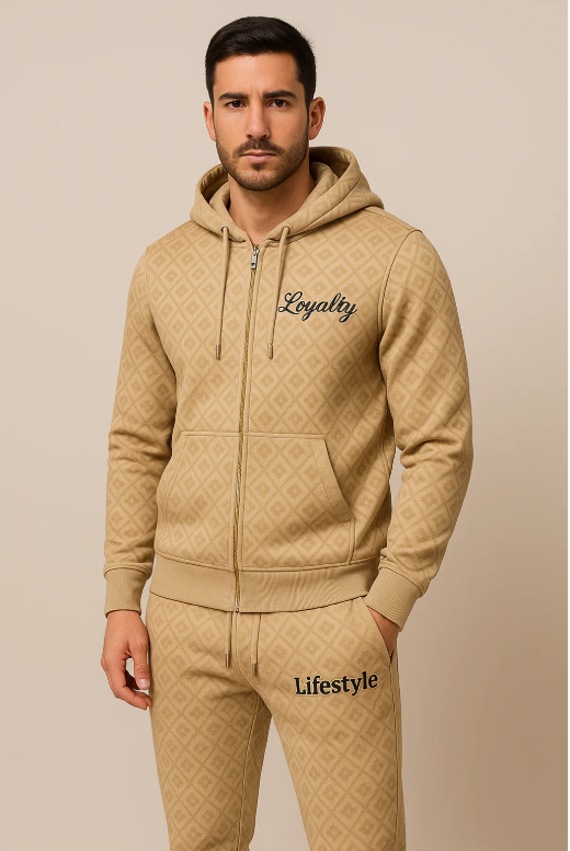Loyalty Lifestyle Men’s Premium Diamond-Pattern Tracksuit (Beige)
