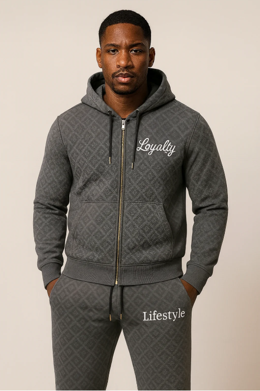 Loyalty Lifestyle Men’s Premium Diamond-Pattern Tracksuit (Charcoal Gray)