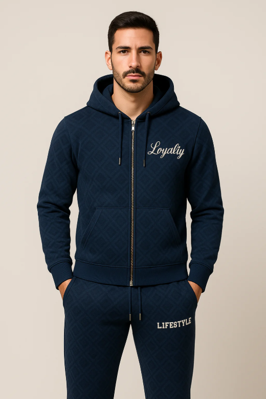 Loyalty Lifestyle Men’s Premium Diamond-Pattern Tracksuit (Navy)