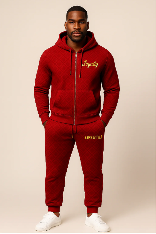 Loyalty Lifestyle Men’s Premium Diamond-Pattern Tracksuit (Red)