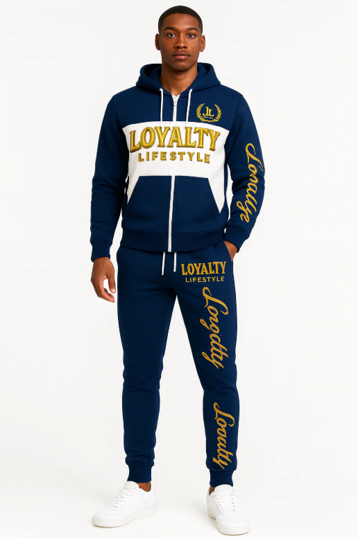 Loyalty Lifestyle Men’s Premium Zip-Up Tracksuit – Navy Blue & White Gold Edition