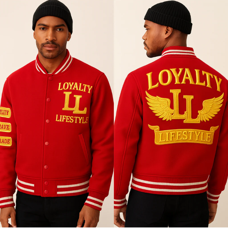 Loyalty Lifestyle Premium Varsity Jacket – Red & Gold