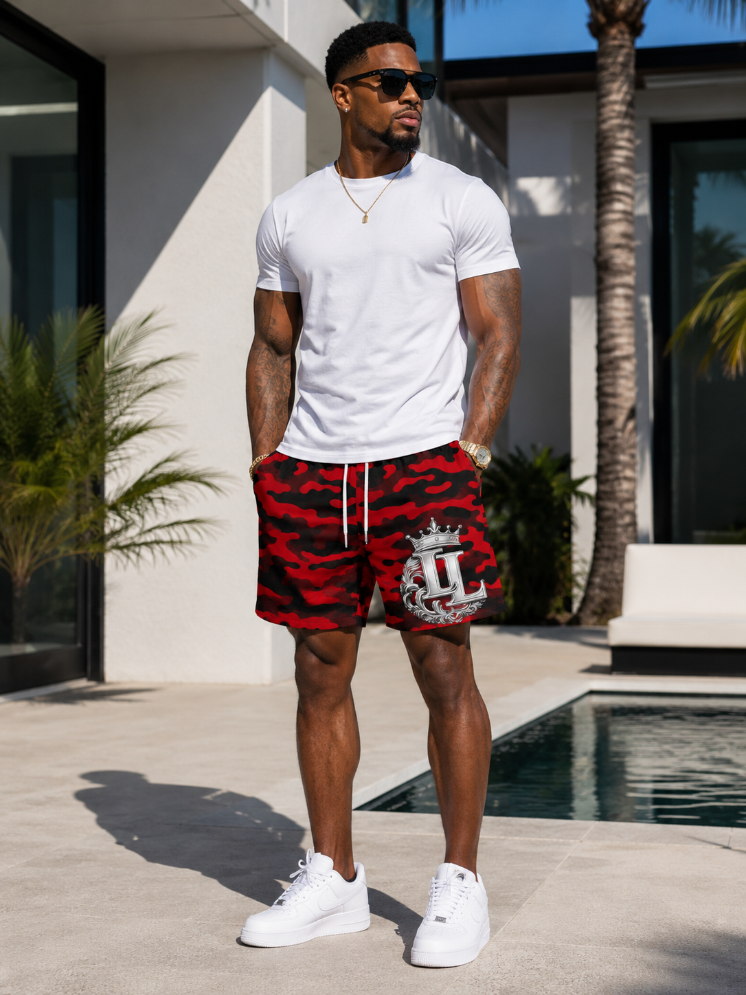 Red Camo Swim Shorts with Crown Monogram - Men's Mid-Length Beach Trunks
