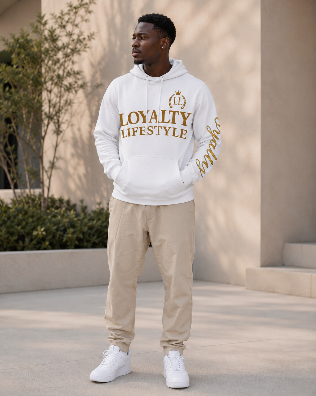 Loyalty Lifestyle Men’s White Hoodie —  Logo Pullover
