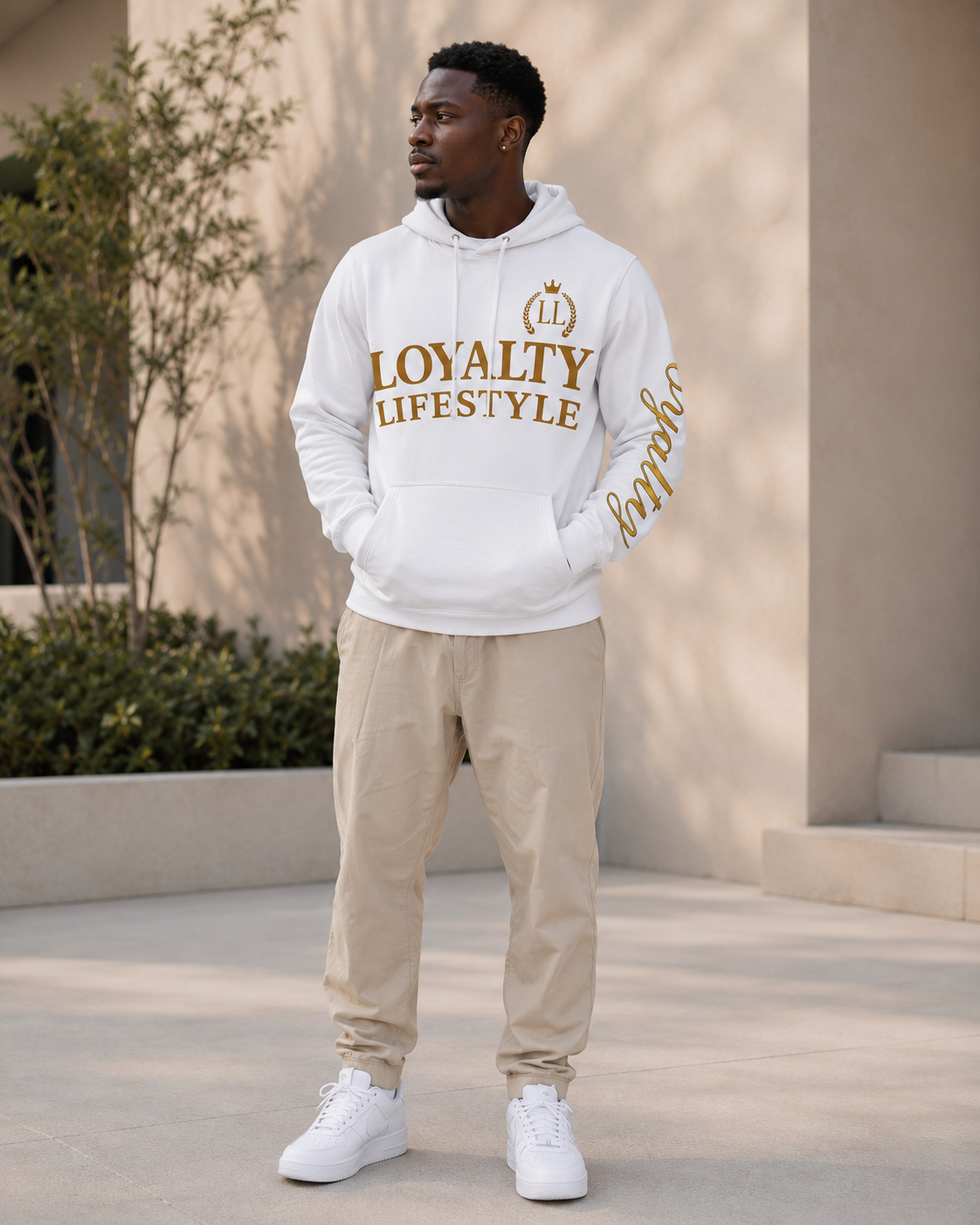 Loyalty Lifestyle Men’s White Hoodie —  Logo Pullover