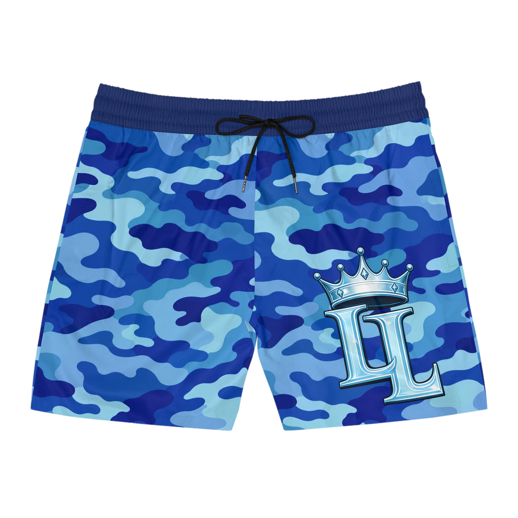Blue Camo Swim Shorts with Crown Monogram - Men's Mid-Length Beach Trunks