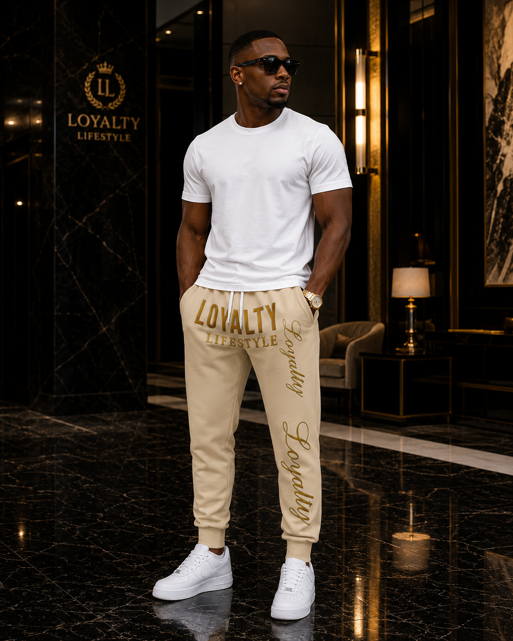 Loyalty Lifestyle Joggers — Cream Athletic Sweatpants with Gold "Loyalty" Script