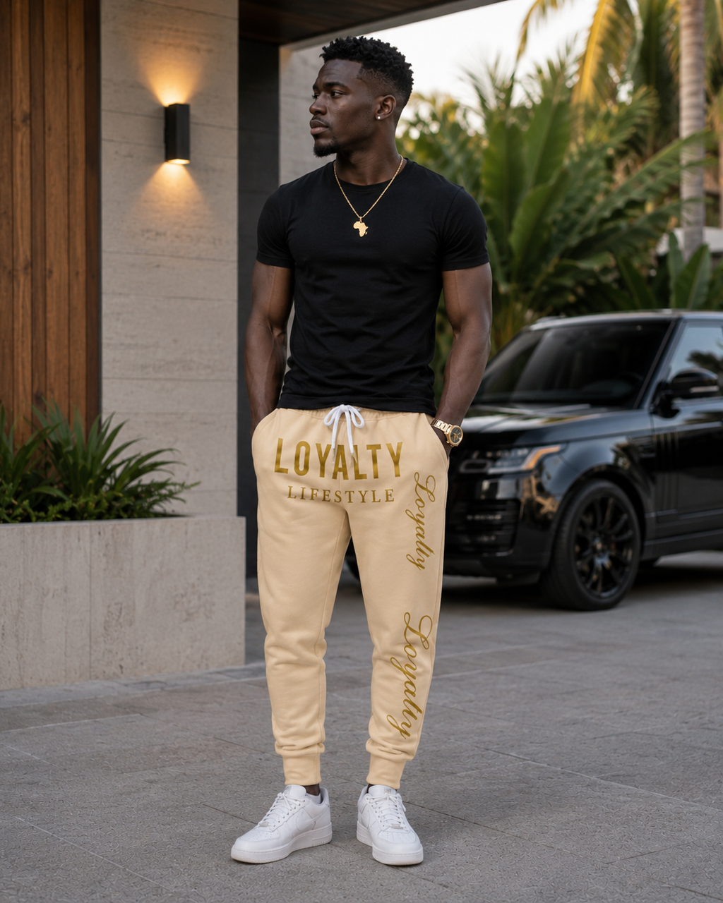 Loyalty Lifestyle Joggers — Cream Athletic Sweatpants with Gold "Loyalty" Script