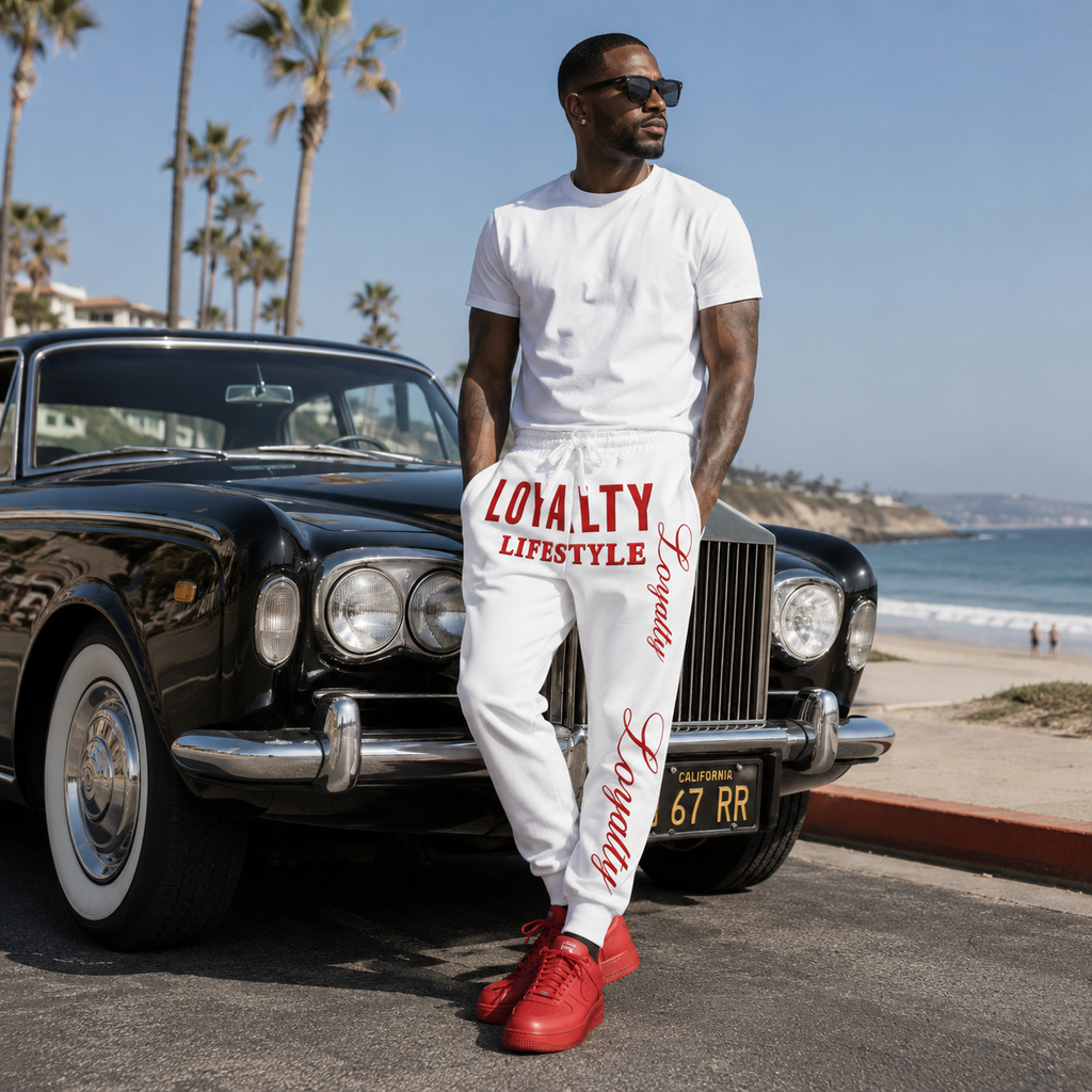 Loyalty Lifestyle Joggers — White Athletic Sweatpants with Red "Loyalty" Script