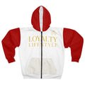 Loyalty Lifestyle Zip Hoodie – White/Red & Gold Statement Jacket