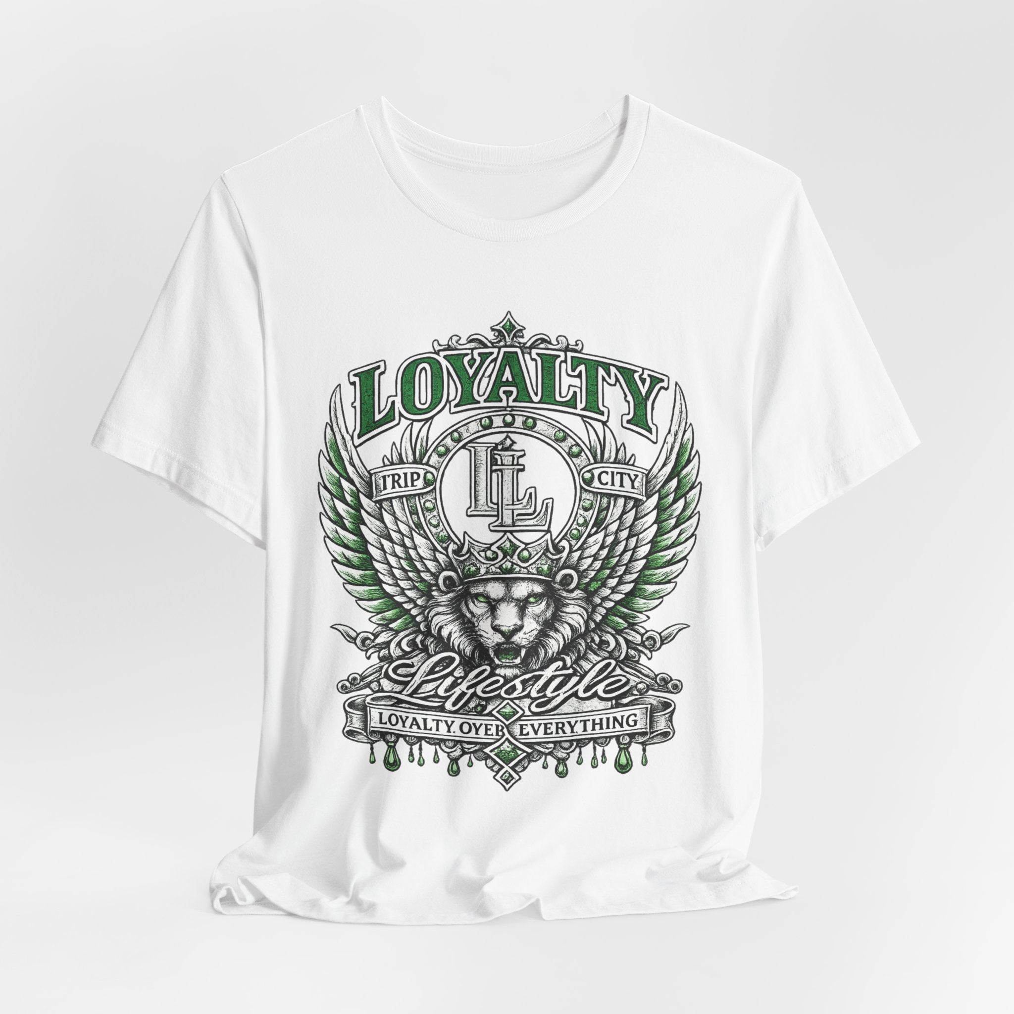 LOYALTY OVER EVERYTHING™ Green / Silver PREMIUM GRAPHIC T-SHIRT