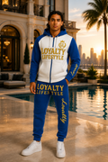 Loyalty Lifestyle Men’s Premium Zip-Up Tracksuit – Royal Blue & White Gold Edition