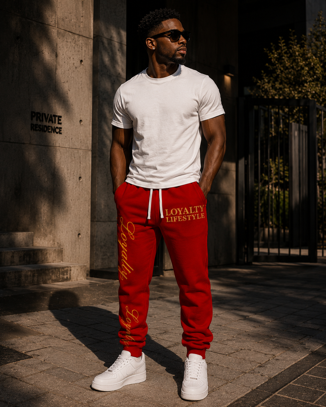 Loyalty Lifestyle Red Joggers — Athletic Sweatpants with Gold "Loyalty" Script
