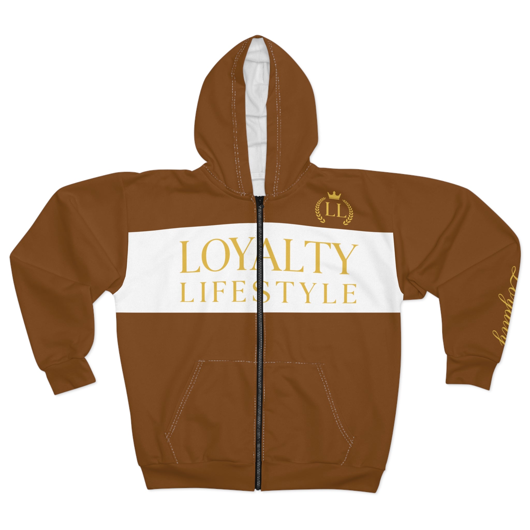 Loyalty Lifestyle Zip Hoodie – Coffee & Gold Statement Jacket