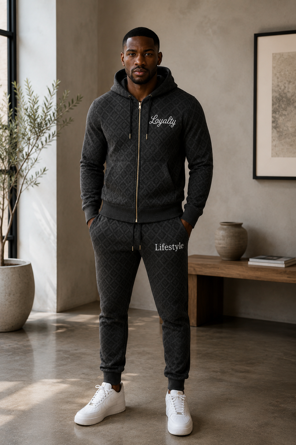 Loyalty Lifestyle Men’s Premium Diamond-Pattern Tracksuit (Charcoal Gray)