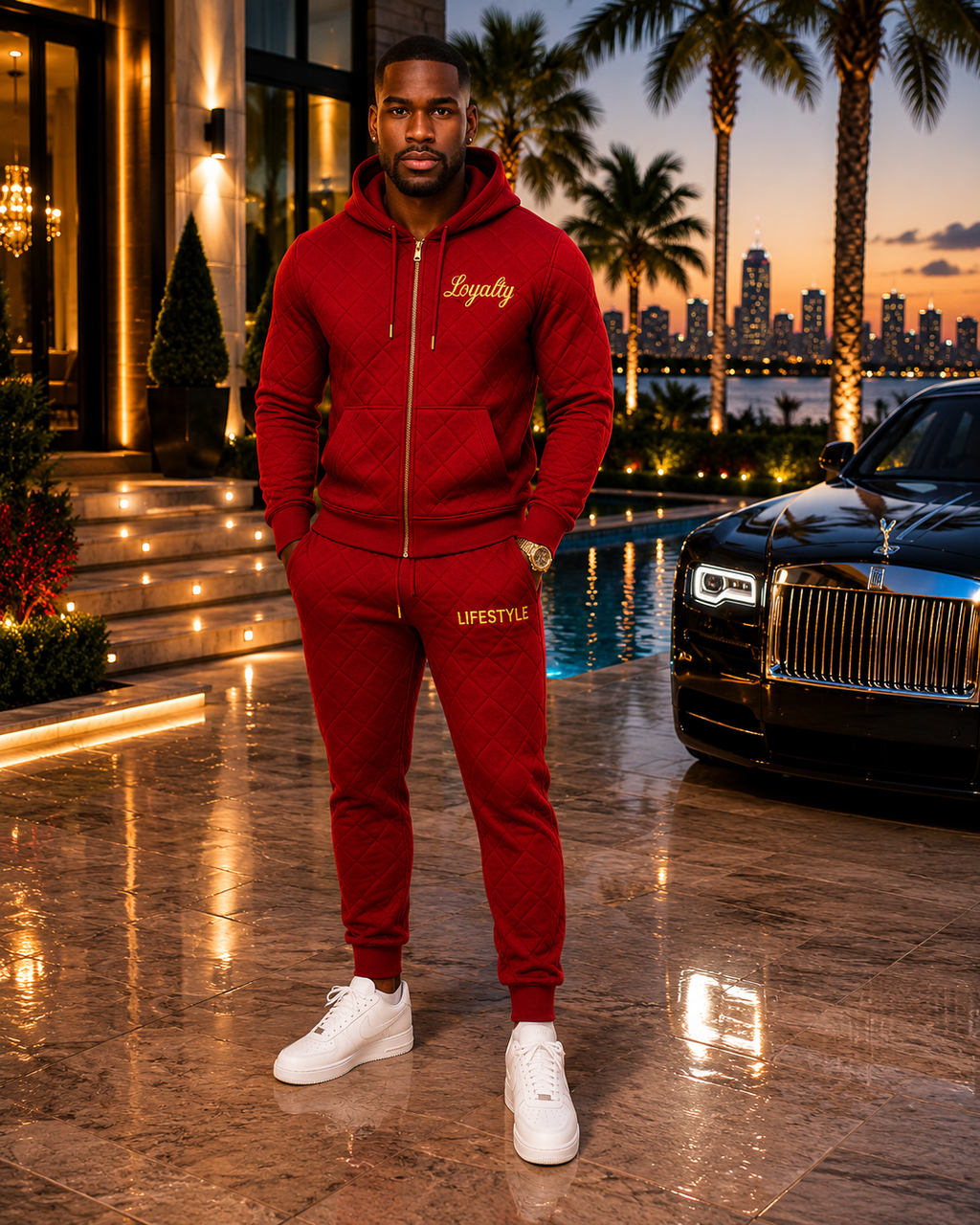 Loyalty Lifestyle Men’s Premium Diamond-Pattern Tracksuit (Red)