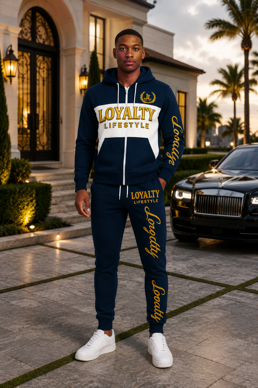Loyalty Lifestyle Men’s Premium Zip-Up Tracksuit – Navy Blue & White Gold Edition