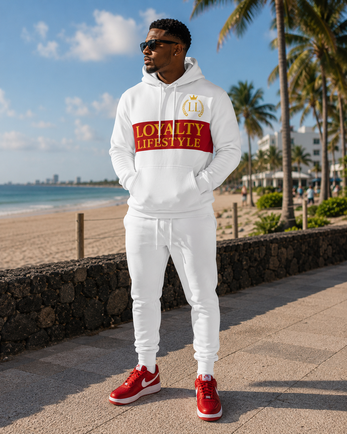 Loyalty Lifestyle Men’s White Red Hoodie —  Logo Pullover