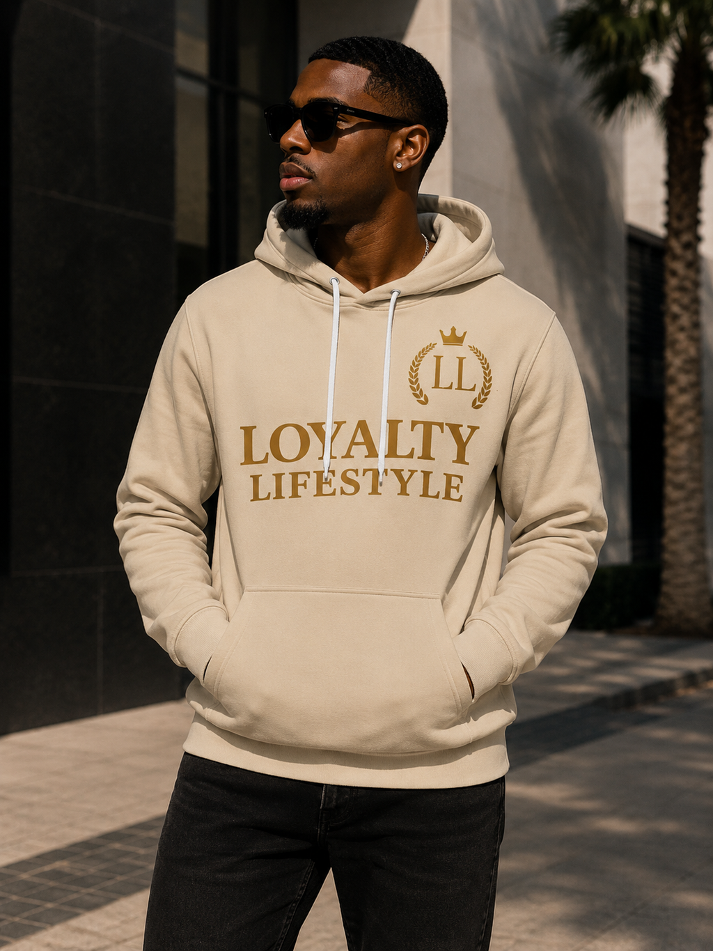 Loyalty Lifestyle Men’s Cream Gold Hoodie —  Logo Pullover