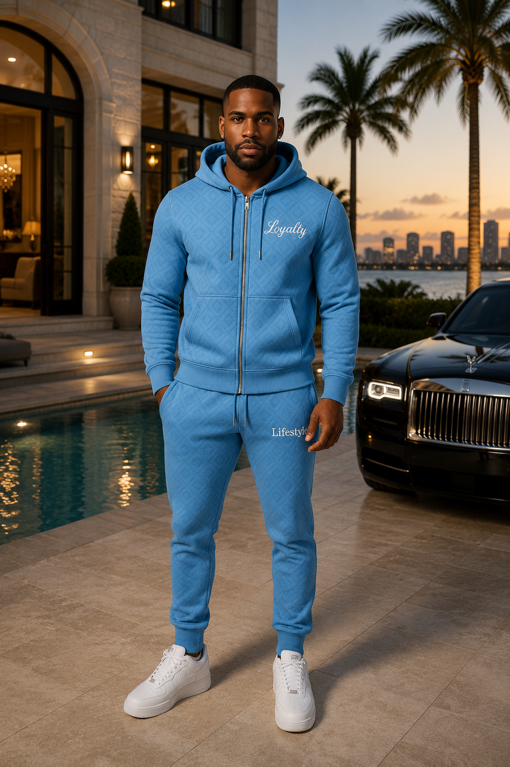 Loyalty Lifestyle Men’s Premium Diamond-Pattern Tracksuit (Sky Blue)