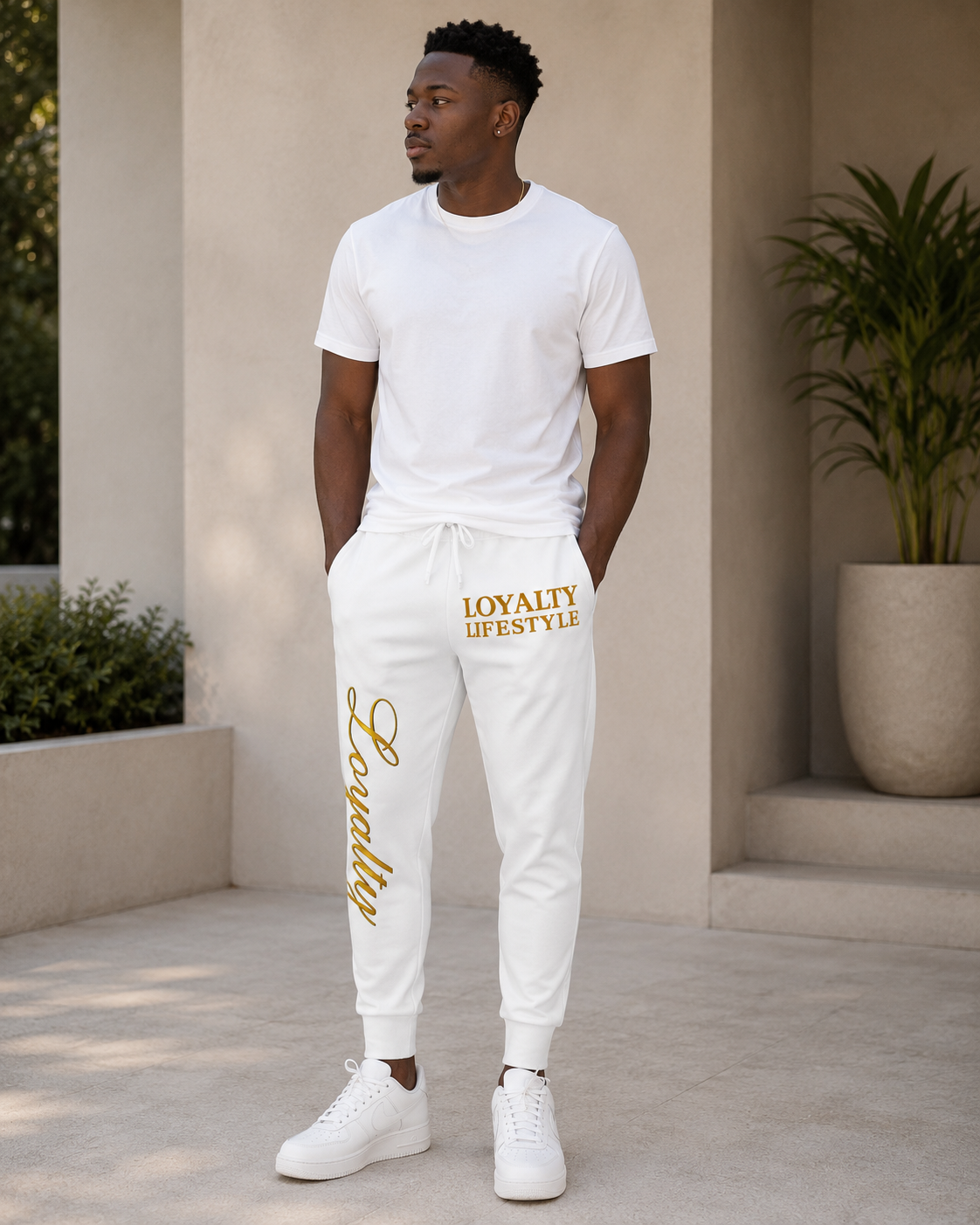Loyalty Lifestyle Joggers — White Athletic Sweatpants with Gold "Loyalty" Script