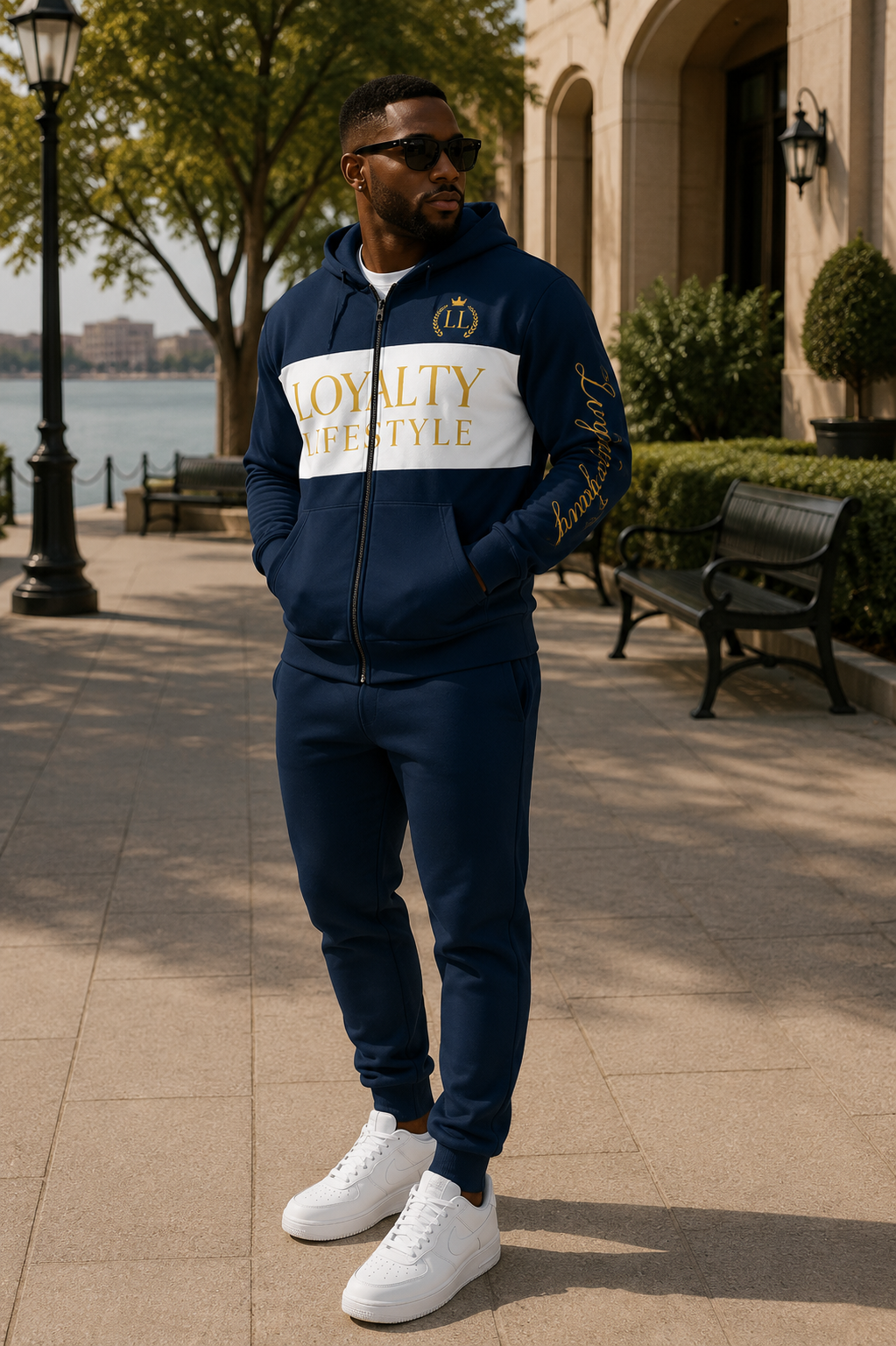 Loyalty Lifestyle Zip Hoodie – Navy & Gold Statement Jacket