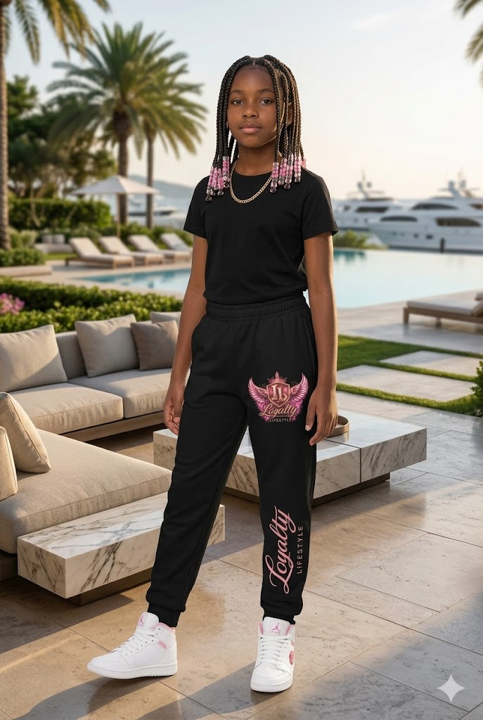 Youth Joggers with Pink 'Loyalty Lifestyle' Crest — Kids Athletic Sweatpants